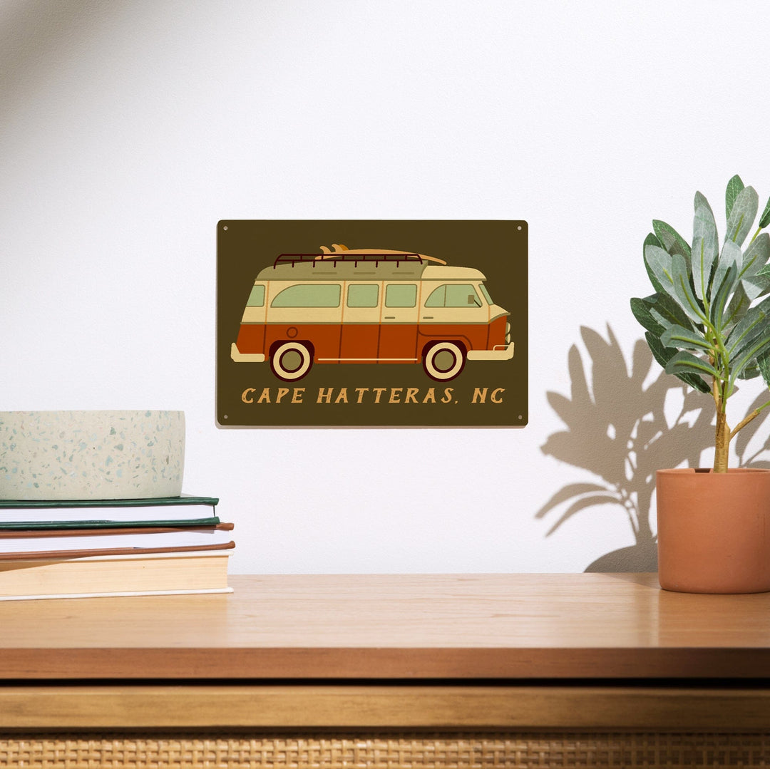 Cape Hatteras, North Carolina, Camper Van with Surfboard, Geometric, Lantern Press Artwork, Wood Signs and Postcards - Lantern Press