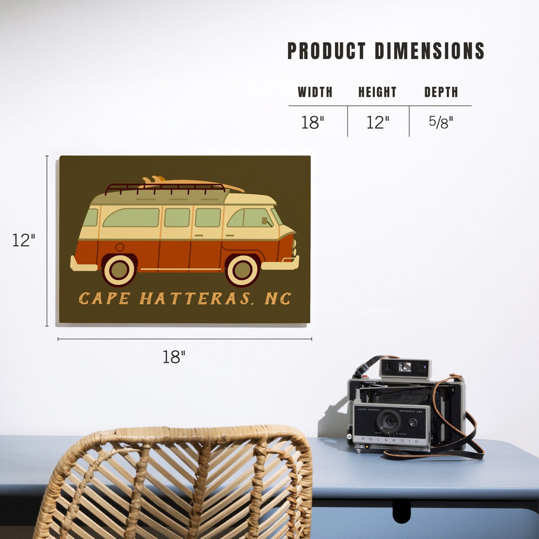 Cape Hatteras, North Carolina, Camper Van with Surfboard, Geometric, Lantern Press Artwork, Wood Signs and Postcards - Lantern Press