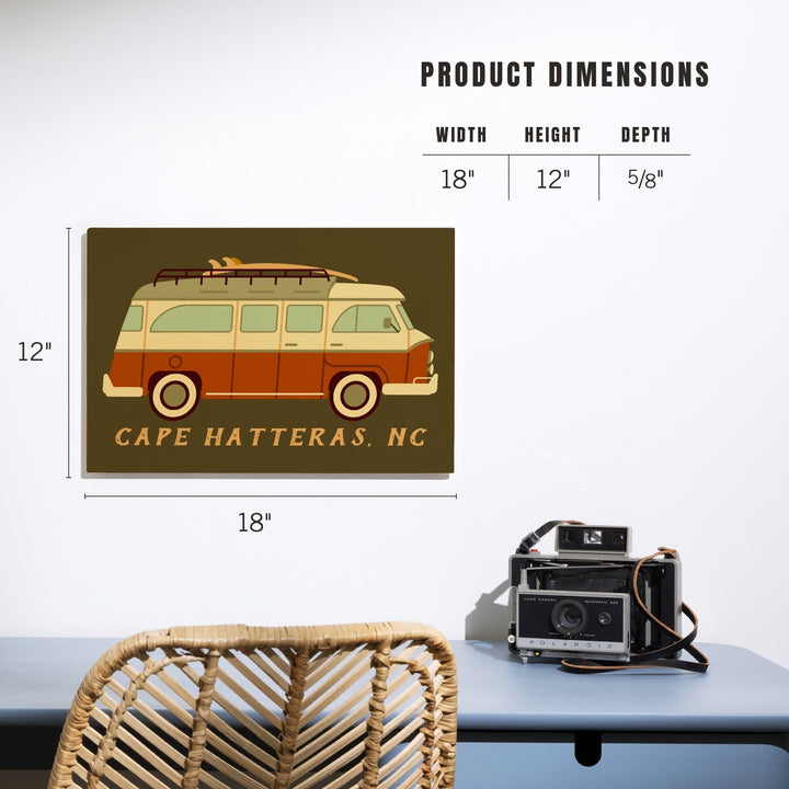 Cape Hatteras, North Carolina, Camper Van with Surfboard, Geometric, Lantern Press Artwork, Wood Signs and Postcards - Lantern Press
