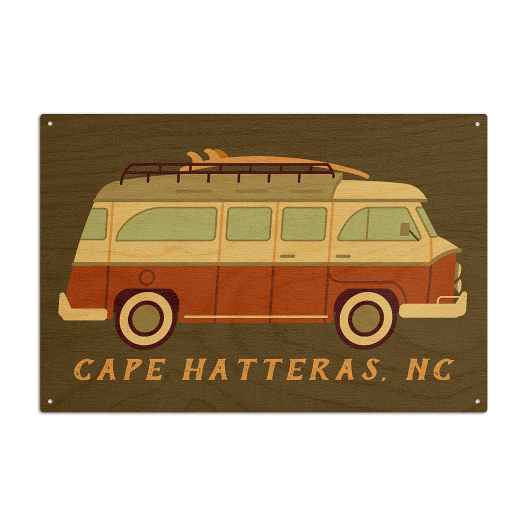 Cape Hatteras, North Carolina, Camper Van with Surfboard, Geometric, Lantern Press Artwork, Wood Signs and Postcards - Lantern Press