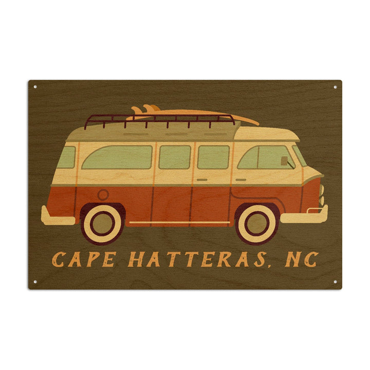 Cape Hatteras, North Carolina, Camper Van with Surfboard, Geometric, Lantern Press Artwork, Wood Signs and Postcards - Lantern Press