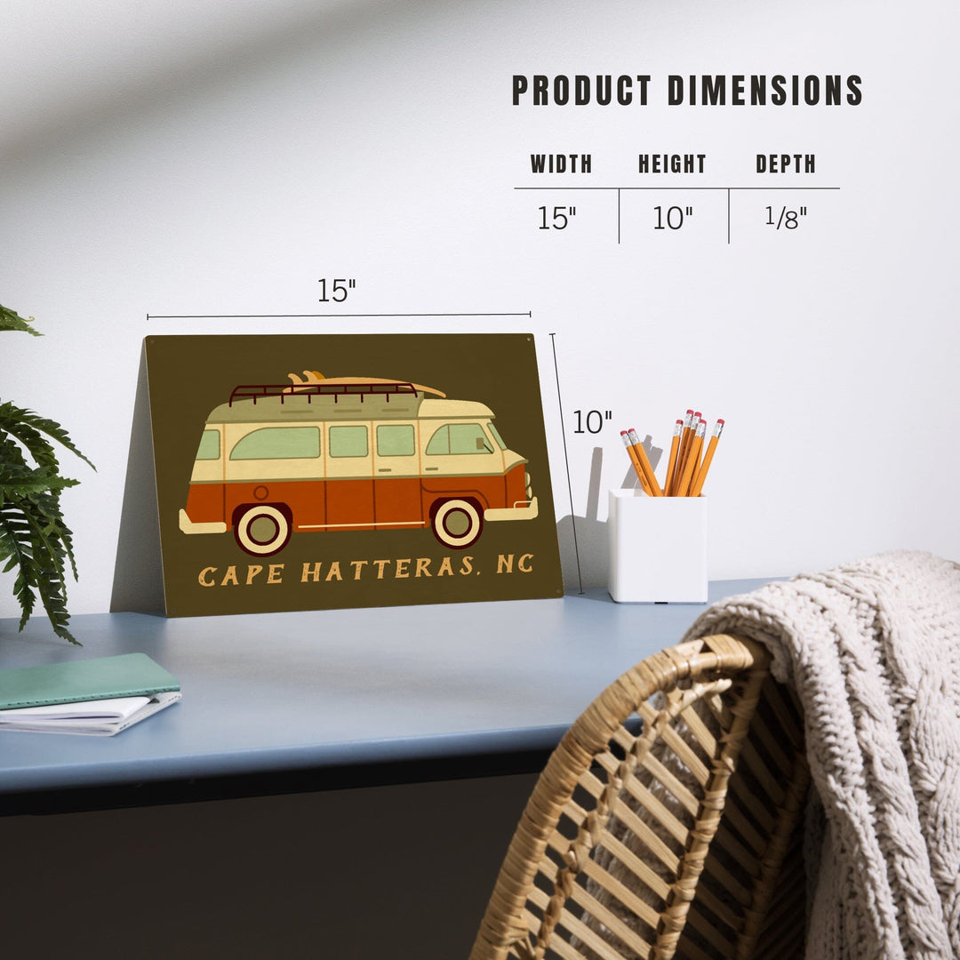 Cape Hatteras, North Carolina, Camper Van with Surfboard, Geometric, Lantern Press Artwork, Wood Signs and Postcards - Lantern Press