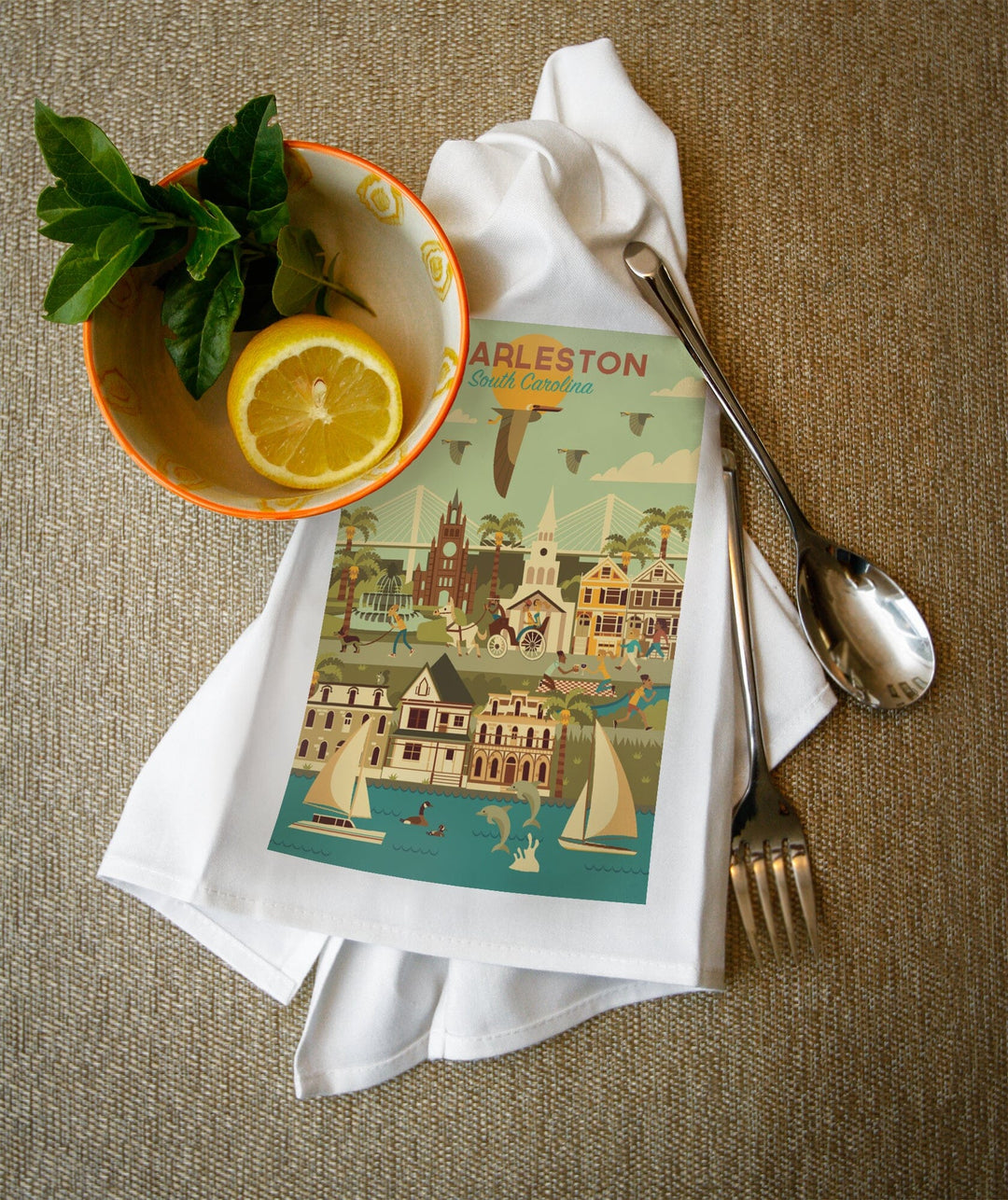 Charleston, South Carolina, Geometric City Series, Organic Cotton Kitchen Tea Towels - Lantern Press