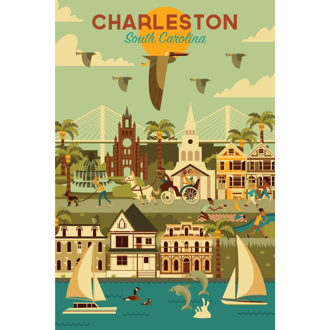 Charleston, South Carolina, Geometric City Series, Organic Cotton Kitchen Tea Towels - Lantern Press