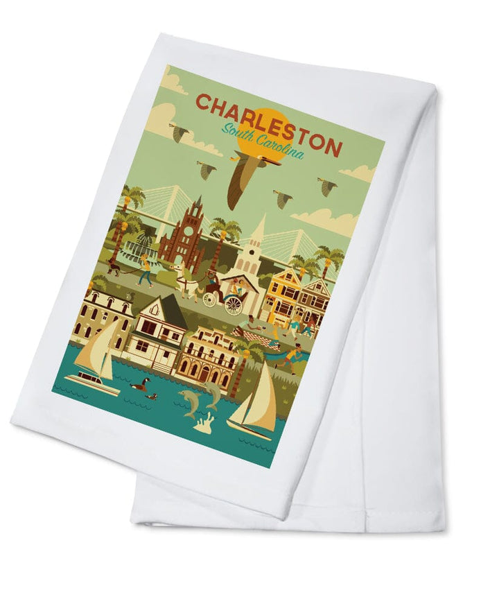 Charleston, South Carolina, Geometric City Series, Organic Cotton Kitchen Tea Towels - Lantern Press