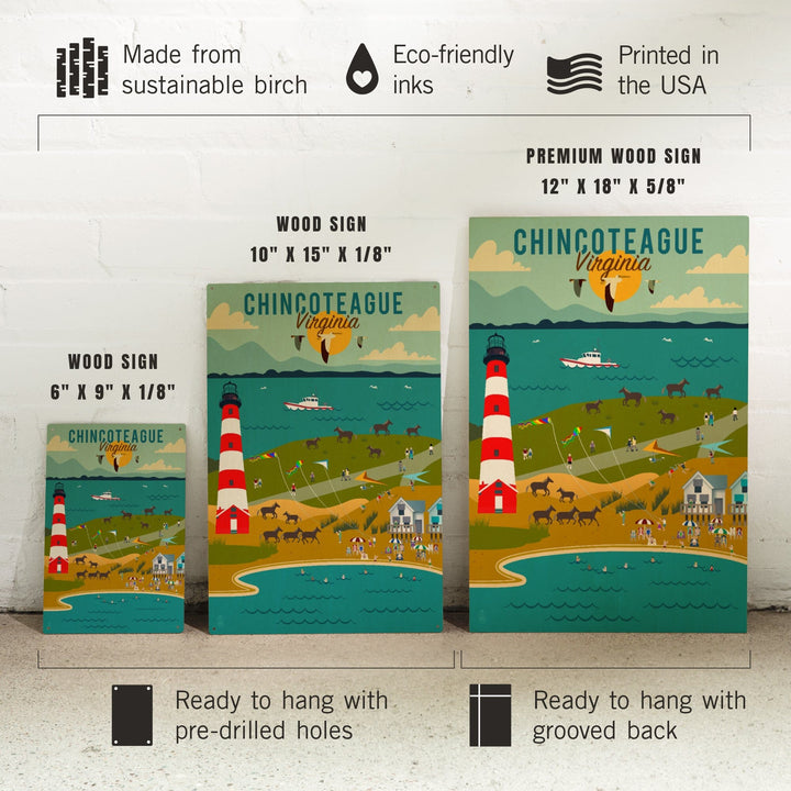 Chinconteague, Virginia, Beach, Ocean, & Lighthouse, Geometric, Lantern Press Artwork, Wood Signs and Postcards - Lantern Press
