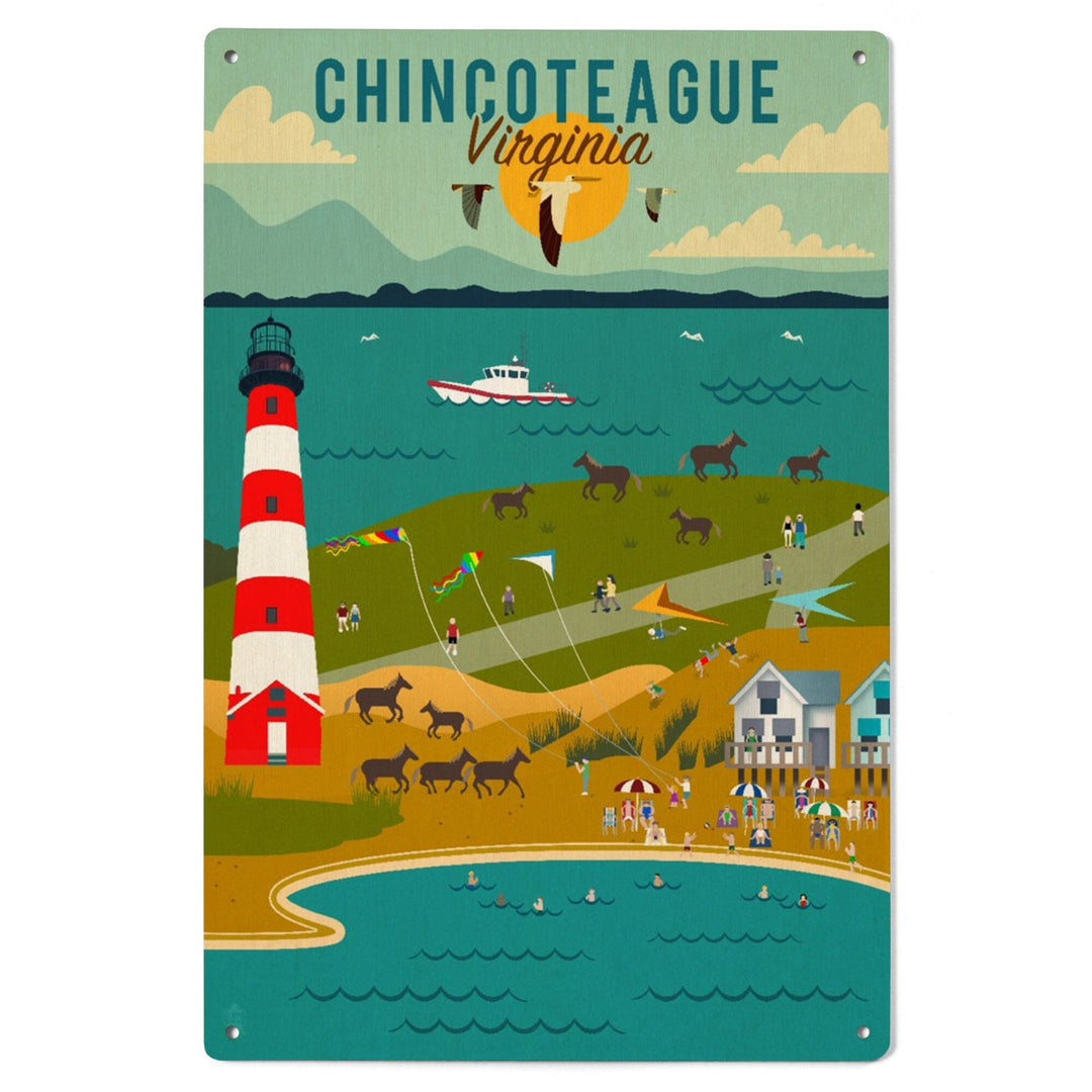 Chinconteague, Virginia, Beach, Ocean, & Lighthouse, Geometric, Lantern Press Artwork, Wood Signs and Postcards - Lantern Press