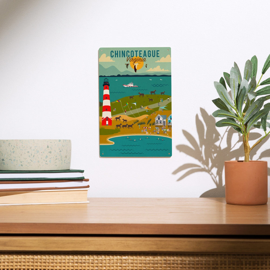 Chinconteague, Virginia, Beach, Ocean, & Lighthouse, Geometric, Lantern Press Artwork, Wood Signs and Postcards - Lantern Press