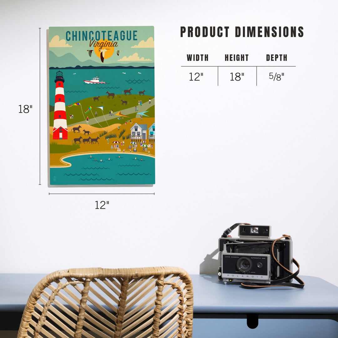 Chinconteague, Virginia, Beach, Ocean, & Lighthouse, Geometric, Lantern Press Artwork, Wood Signs and Postcards - Lantern Press