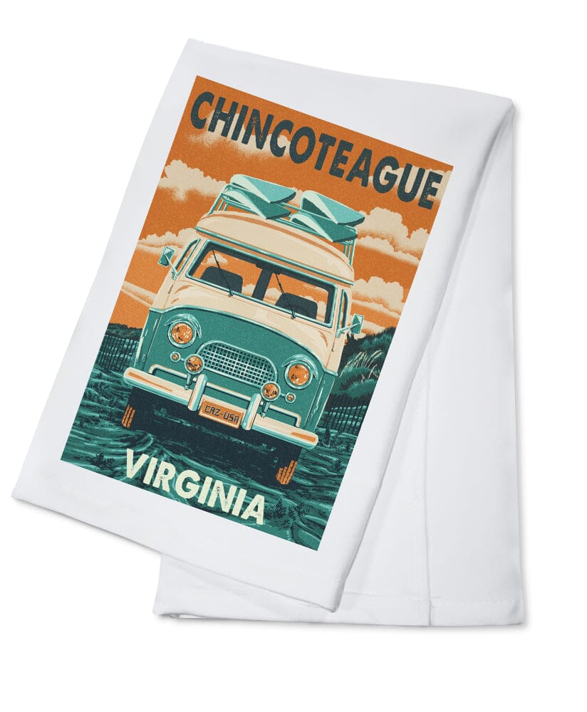 Chincoteague, Virginia, Letterpress, Camper Van, Organic Cotton Kitchen Tea Towels - Lantern Press