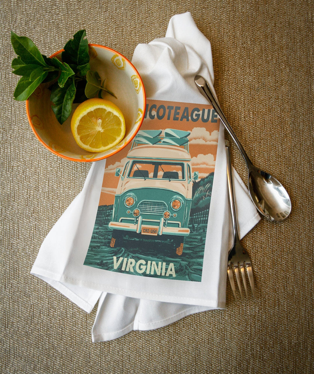 Chincoteague, Virginia, Letterpress, Camper Van, Organic Cotton Kitchen Tea Towels - Lantern Press