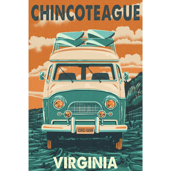 Chincoteague, Virginia, Letterpress, Camper Van, Organic Cotton Kitchen Tea Towels - Lantern Press