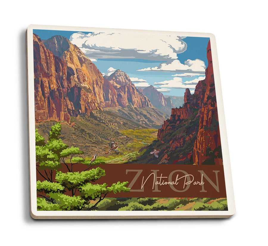 Coasters (Zion National Park, Zion Canyon View, Typography, Lantern Press Artwork) Lifestyle-Coaster Lantern Press 