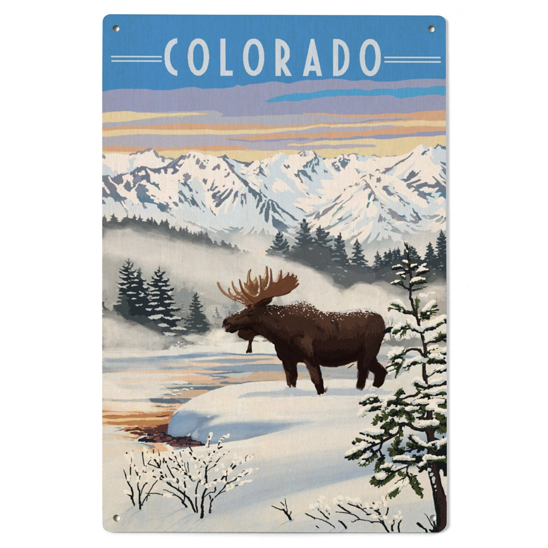 Colorado, Moose, Winter Scene, Lantern Press Artwork, Wood Signs and Postcards - Lantern Press