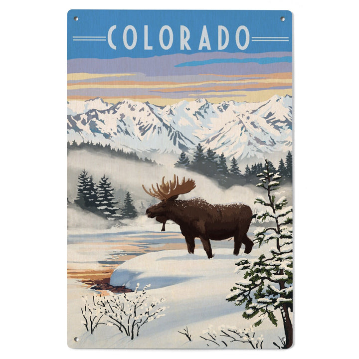 Colorado, Moose, Winter Scene, Lantern Press Artwork, Wood Signs and Postcards - Lantern Press