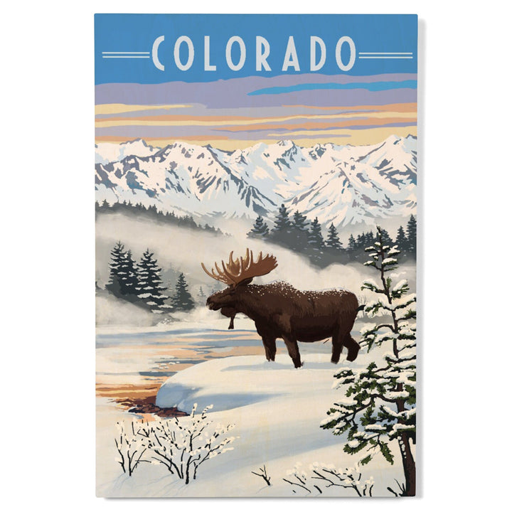 Colorado, Moose, Winter Scene, Lantern Press Artwork, Wood Signs and Postcards - Lantern Press