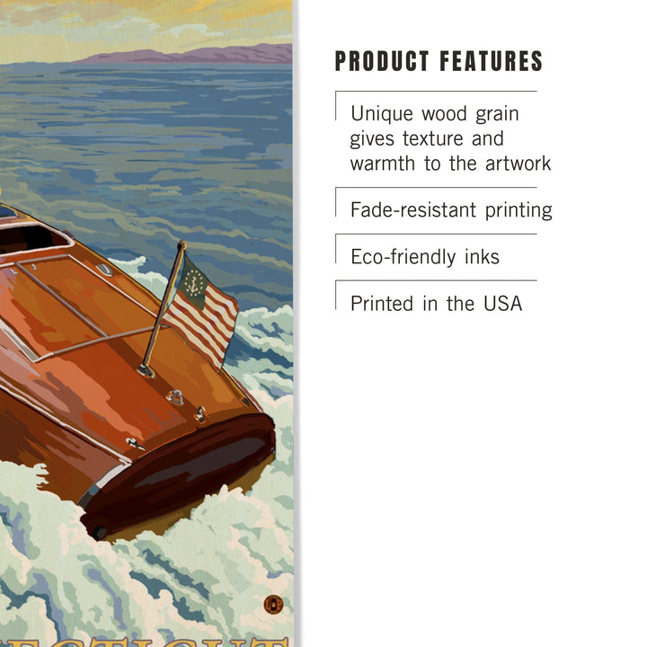 Connecticut, Wooden Boat, Lantern Press Artwork, Wood Signs and Postcards - Lantern Press