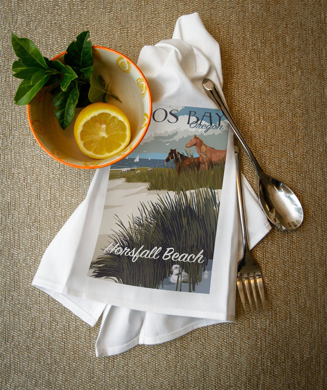 Coos Bay, Oregon, Horses and Dunes, Organic Cotton Kitchen Tea Towels - Lantern Press