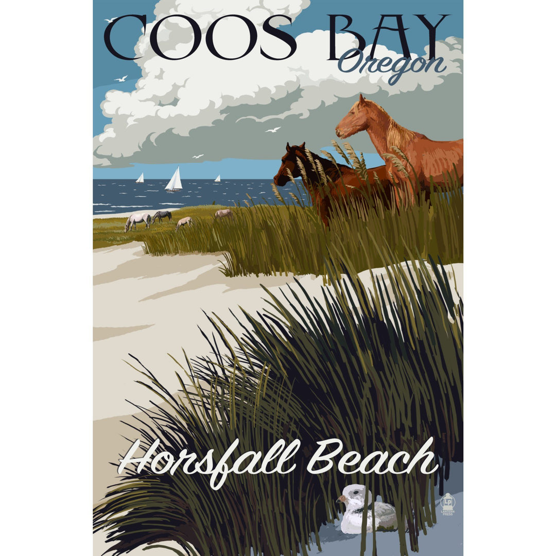 Coos Bay, Oregon, Horses and Dunes, Organic Cotton Kitchen Tea Towels - Lantern Press