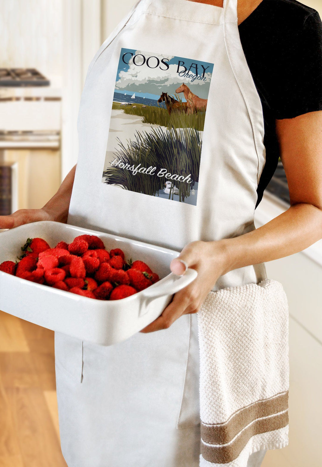 Coos Bay, Oregon, Horses and Dunes, Organic Cotton Kitchen Tea Towels - Lantern Press