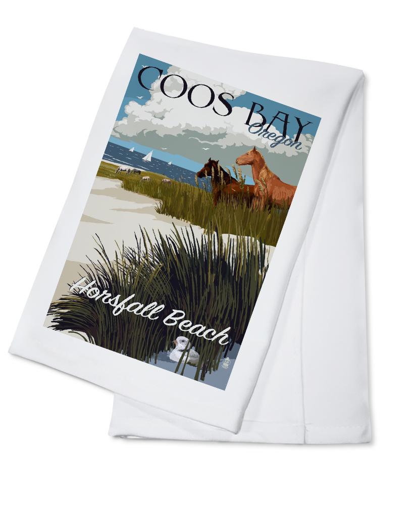 Coos Bay, Oregon, Horses and Dunes, Organic Cotton Kitchen Tea Towels - Lantern Press