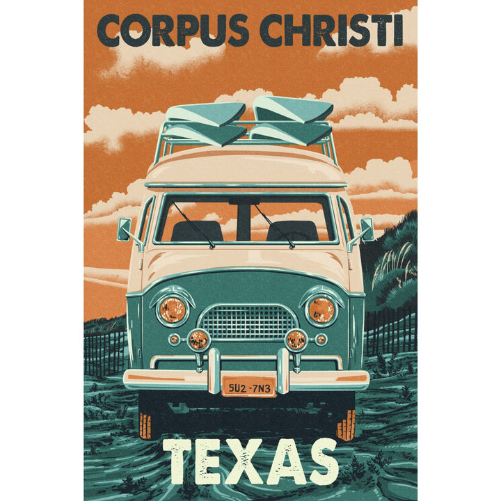 Corpus Christi, Texas, Letterpress, Camper Van, Lantern Press Artwork - Lantern Press