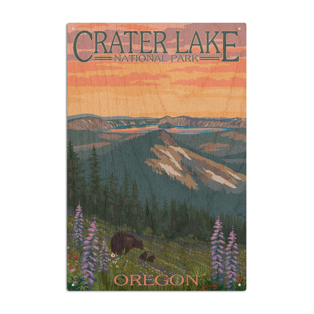 Crater Lake National Park, Oregon, Bear and Spring Flowers, Lantern Press Artwork, Wood Signs and Postcards - Lantern Press