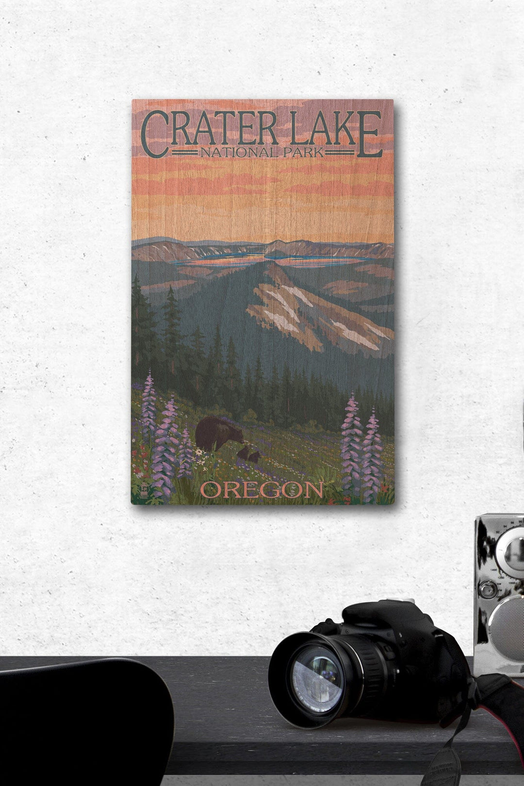Crater Lake National Park, Oregon, Bear and Spring Flowers, Lantern Press Artwork, Wood Signs and Postcards - Lantern Press