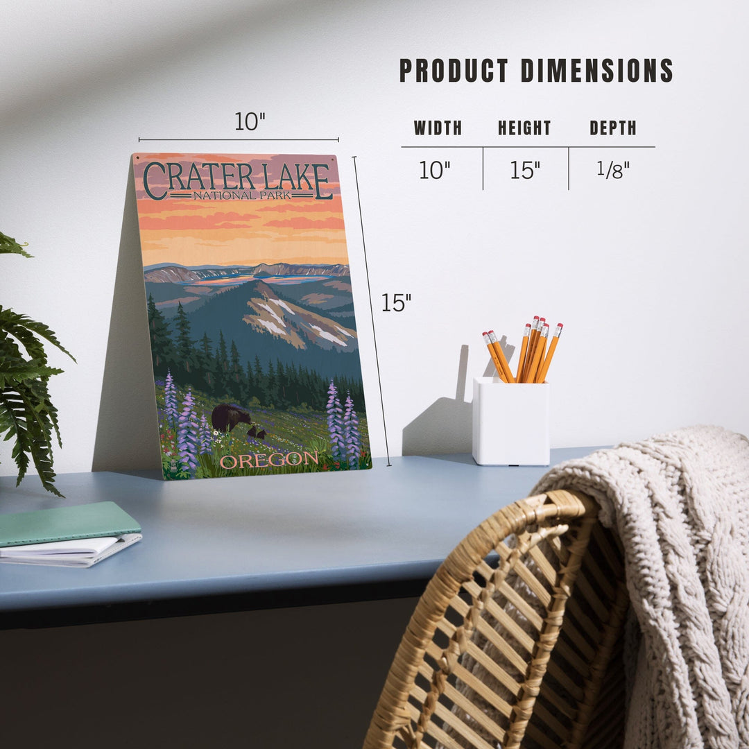 Crater Lake National Park, Oregon, Bear and Spring Flowers, Lantern Press Artwork, Wood Signs and Postcards - Lantern Press
