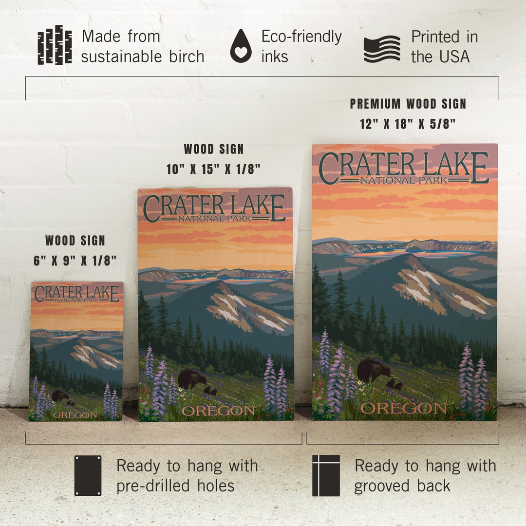 Crater Lake National Park, Oregon, Bear and Spring Flowers, Lantern Press Artwork, Wood Signs and Postcards - Lantern Press