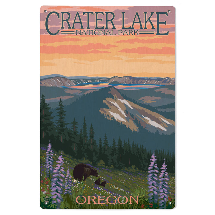Crater Lake National Park, Oregon, Bear and Spring Flowers, Lantern Press Artwork, Wood Signs and Postcards - Lantern Press