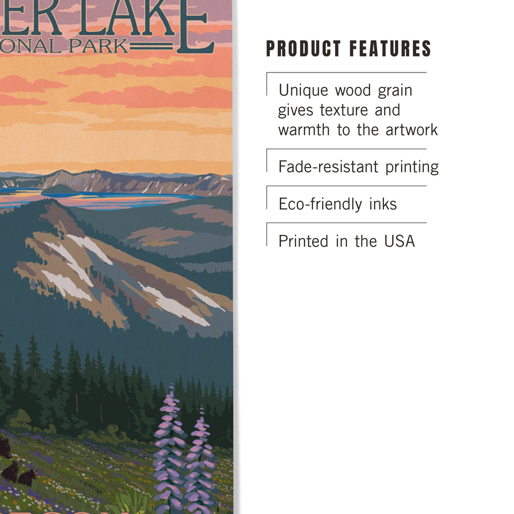 Crater Lake National Park, Oregon, Bear and Spring Flowers, Lantern Press Artwork, Wood Signs and Postcards - Lantern Press