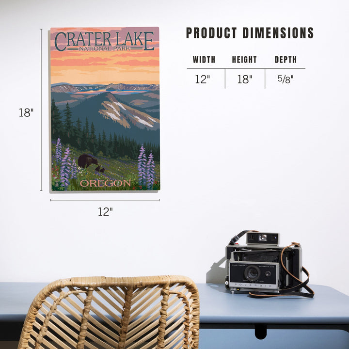 Crater Lake National Park, Oregon, Bear and Spring Flowers, Lantern Press Artwork, Wood Signs and Postcards - Lantern Press