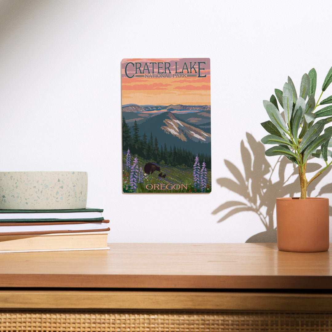 Crater Lake National Park, Oregon, Bear and Spring Flowers, Lantern Press Artwork, Wood Signs and Postcards - Lantern Press