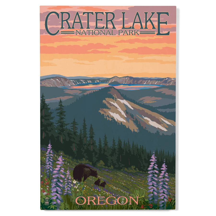 Crater Lake National Park, Oregon, Bear and Spring Flowers, Lantern Press Artwork, Wood Signs and Postcards - Lantern Press