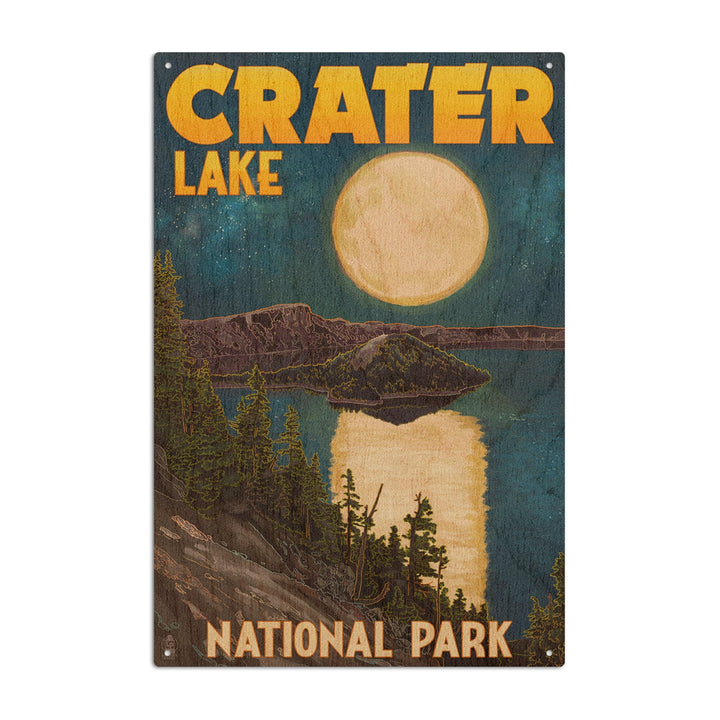 Crater Lake National Park, Oregon, Lake & Full Moon, Lantern Press Artwork, Wood Signs and Postcards - Lantern Press