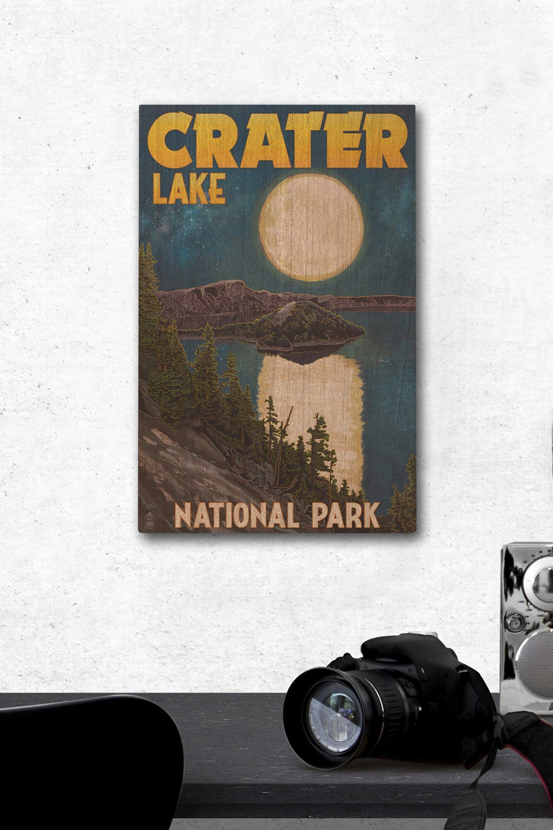 Crater Lake National Park, Oregon, Lake & Full Moon, Lantern Press Artwork, Wood Signs and Postcards - Lantern Press