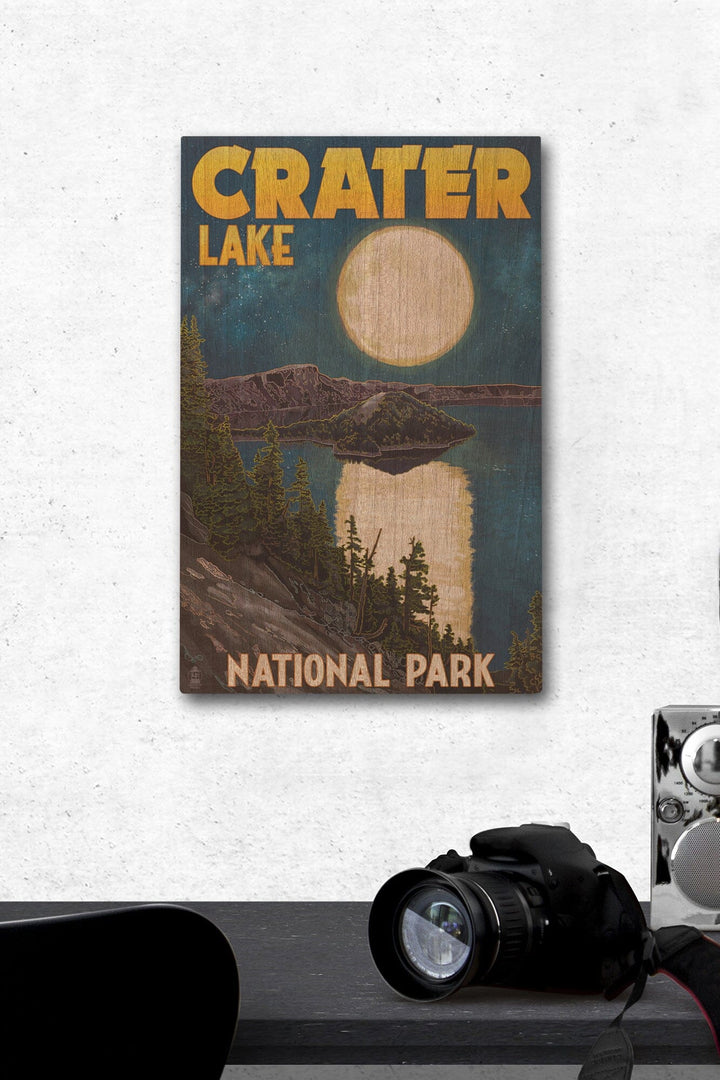 Crater Lake National Park, Oregon, Lake & Full Moon, Lantern Press Artwork, Wood Signs and Postcards - Lantern Press