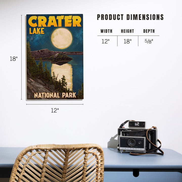 Crater Lake National Park, Oregon, Lake & Full Moon, Lantern Press Artwork, Wood Signs and Postcards - Lantern Press