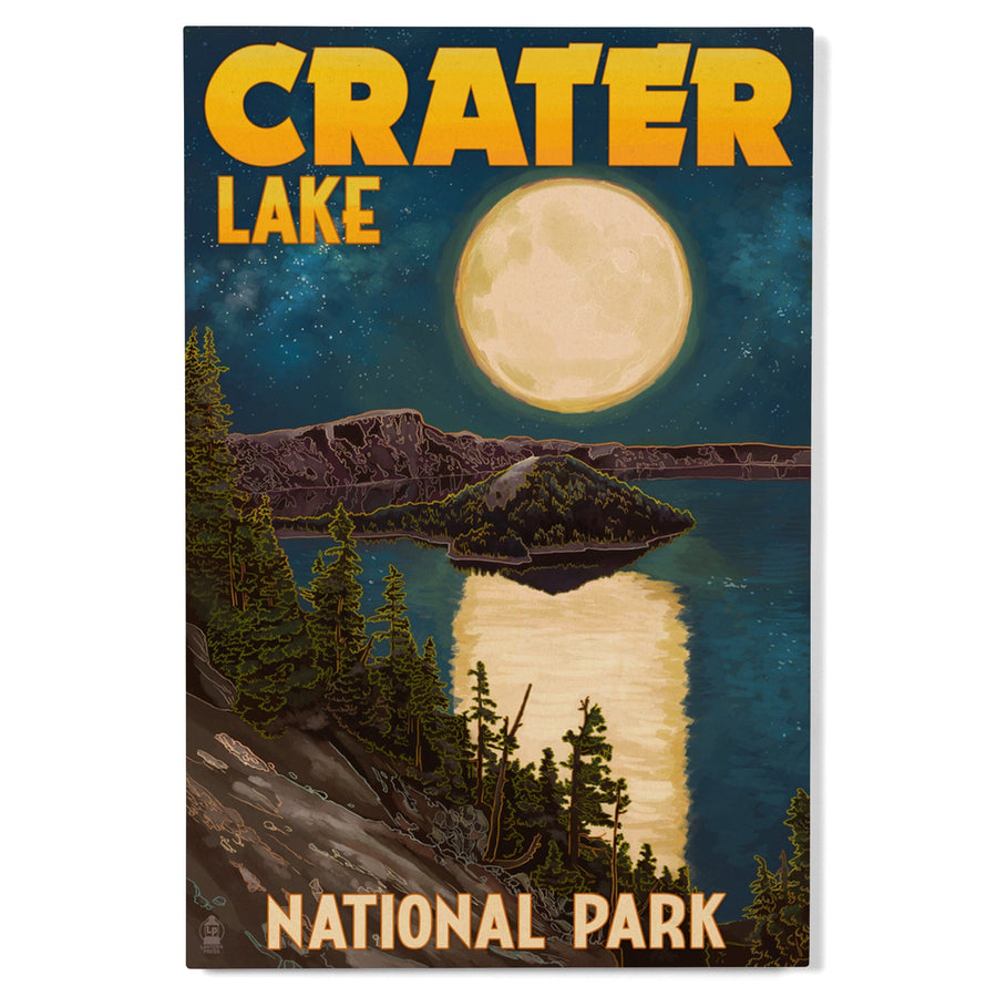 Crater Lake National Park, Oregon, Lake & Full Moon, Lantern Press Artwork, Wood Signs and Postcards - Lantern Press