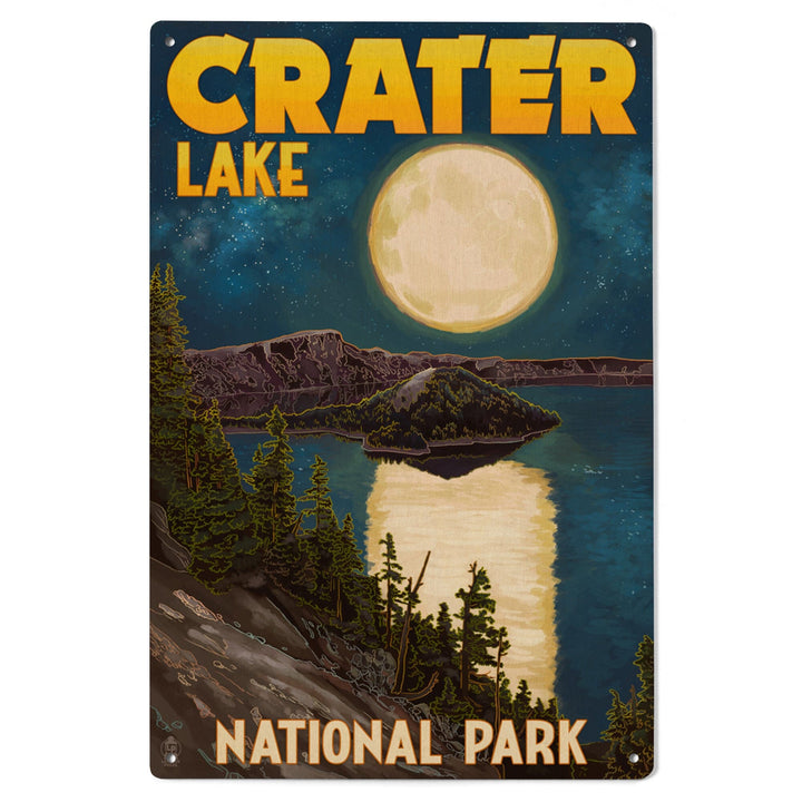 Crater Lake National Park, Oregon, Lake & Full Moon, Lantern Press Artwork, Wood Signs and Postcards - Lantern Press