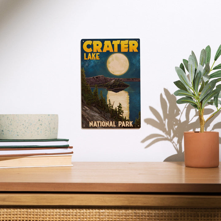 Crater Lake National Park, Oregon, Lake & Full Moon, Lantern Press Artwork, Wood Signs and Postcards - Lantern Press