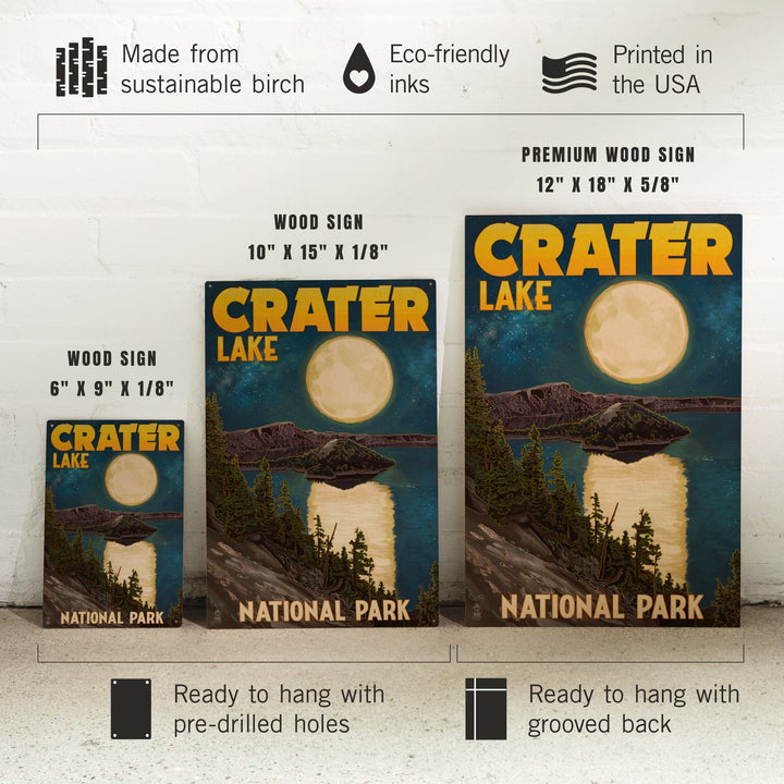 Crater Lake National Park, Oregon, Lake & Full Moon, Lantern Press Artwork, Wood Signs and Postcards - Lantern Press