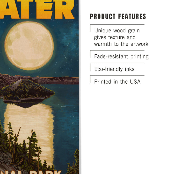 Crater Lake National Park, Oregon, Lake & Full Moon, Lantern Press Artwork, Wood Signs and Postcards - Lantern Press