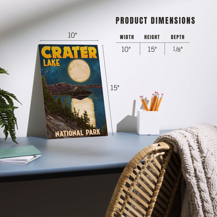 Crater Lake National Park, Oregon, Lake & Full Moon, Lantern Press Artwork, Wood Signs and Postcards - Lantern Press