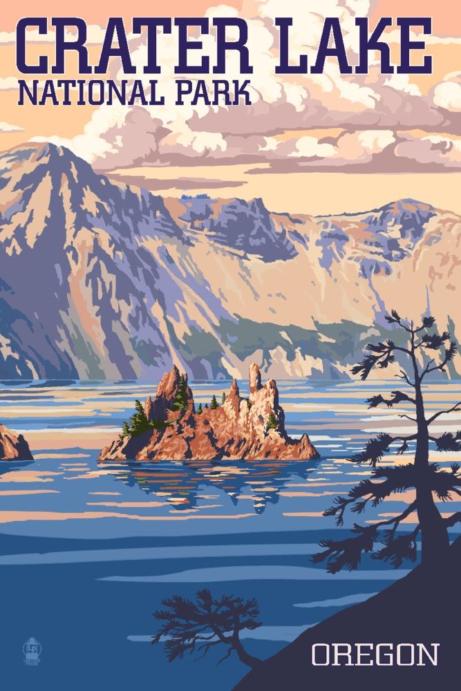 Crater Lake National Park, Oregon, Shoreline and Sunset, Painterly Series, Art & Giclee Prints - Lantern Press