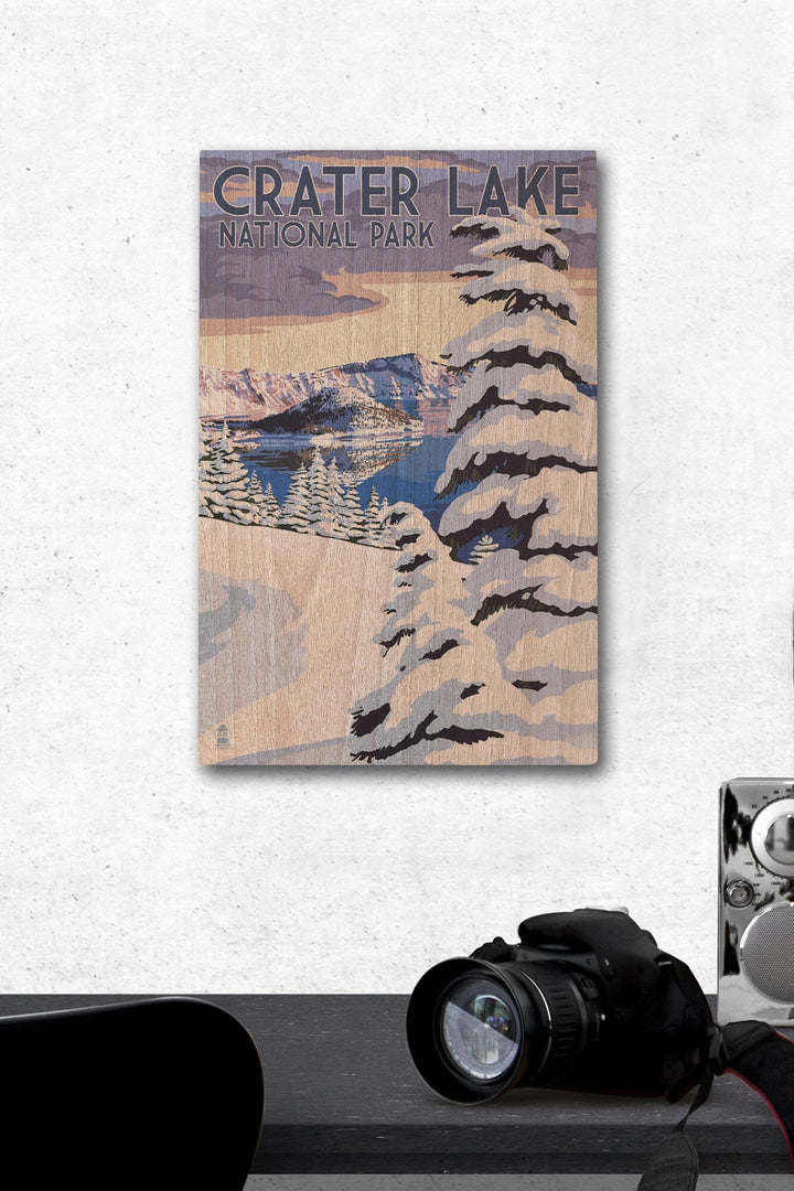Crater Lake National Park, Oregon, Winter Scene, Painterly National Park Series, Lantern Press Artwork, Wood Signs and Postcards - Lantern Press