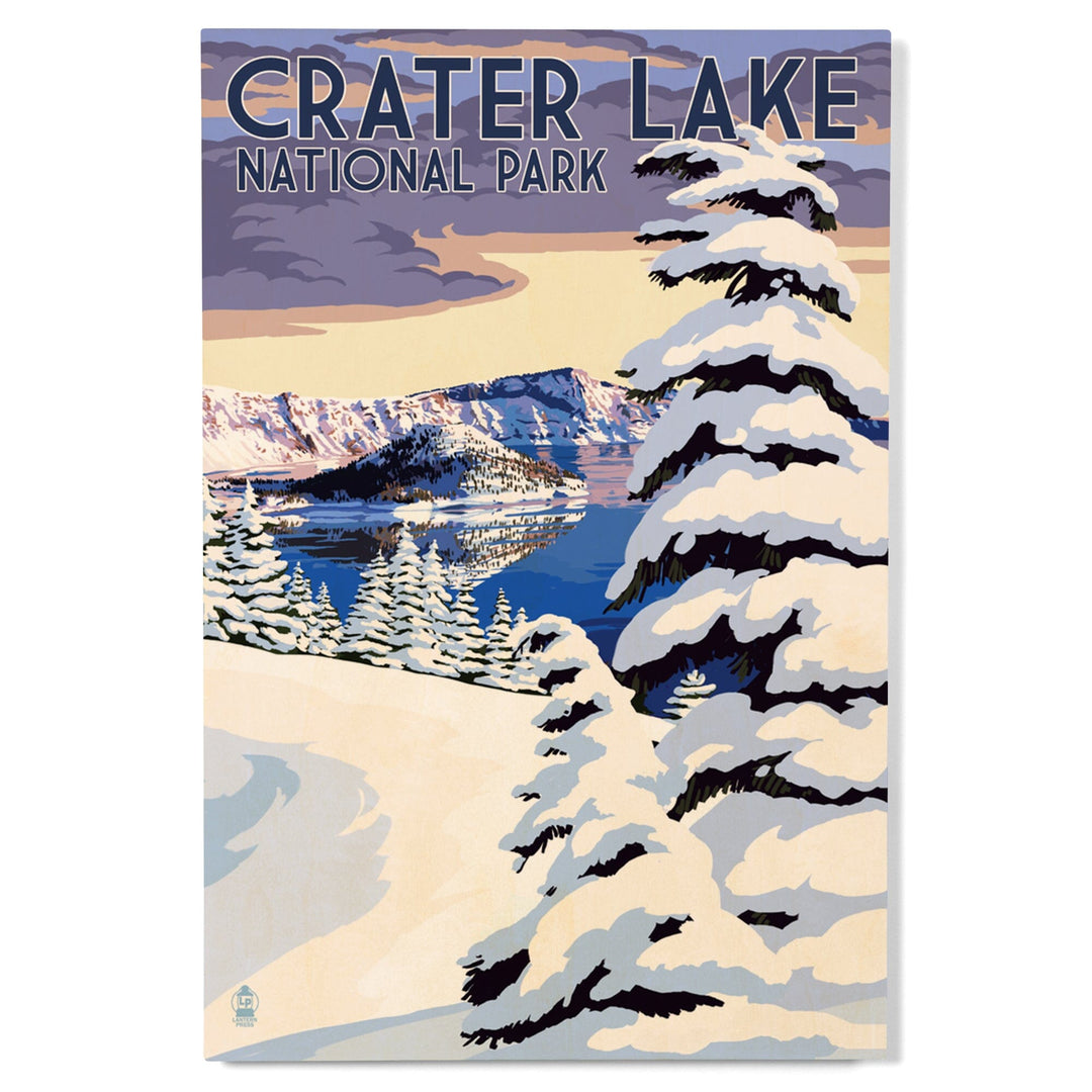 Crater Lake National Park, Oregon, Winter Scene, Painterly National Park Series, Lantern Press Artwork, Wood Signs and Postcards - Lantern Press