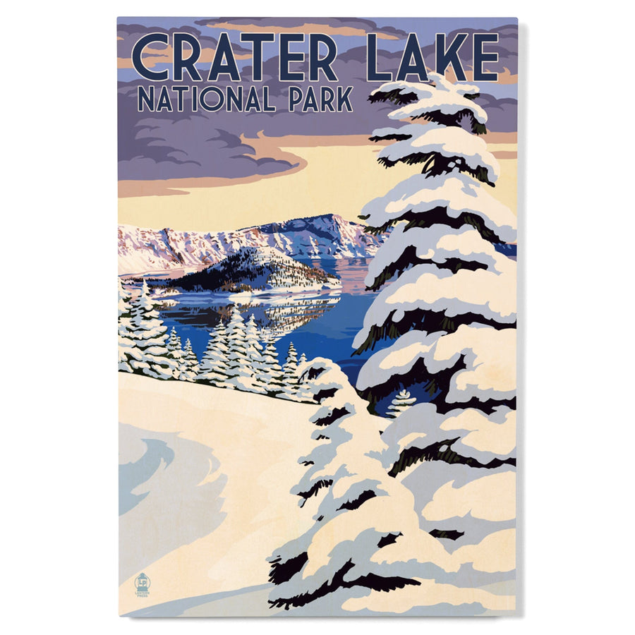 Crater Lake National Park, Oregon, Winter Scene, Painterly National Park Series, Lantern Press Artwork, Wood Signs and Postcards - Lantern Press