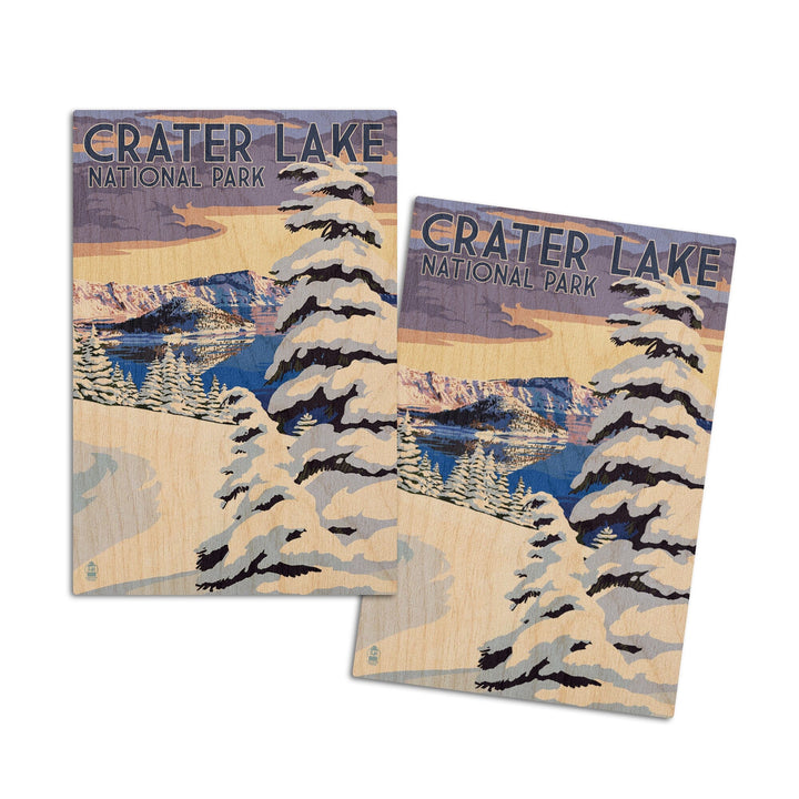 Crater Lake National Park, Oregon, Winter Scene, Painterly National Park Series, Lantern Press Artwork, Wood Signs and Postcards - Lantern Press